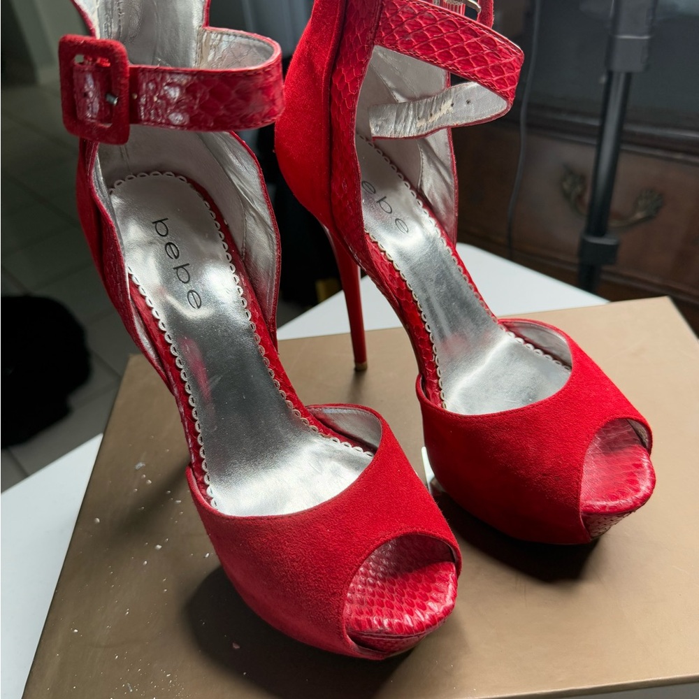 Bebe Red Peep Toe Heels - Picture 3 of 14